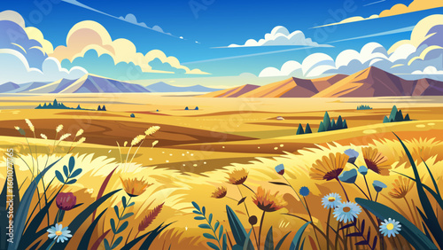 The spring panorama across the Great Plains offers golden fields, scattered wildflowers, and wide-open skies — a calming and minimalistic view captured in semi-realistic detail.

