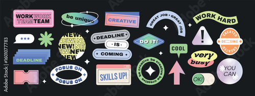 Collection of colorful motivational, work, and creativity-themed stickers in a flat graphic style on a dark background. Concept of productivity and positivity. Set of vector illustrations