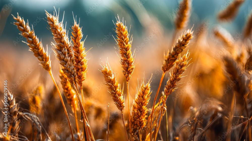 Fototapeta premium Golden wheat field illuminated by sunlight under a clear sky