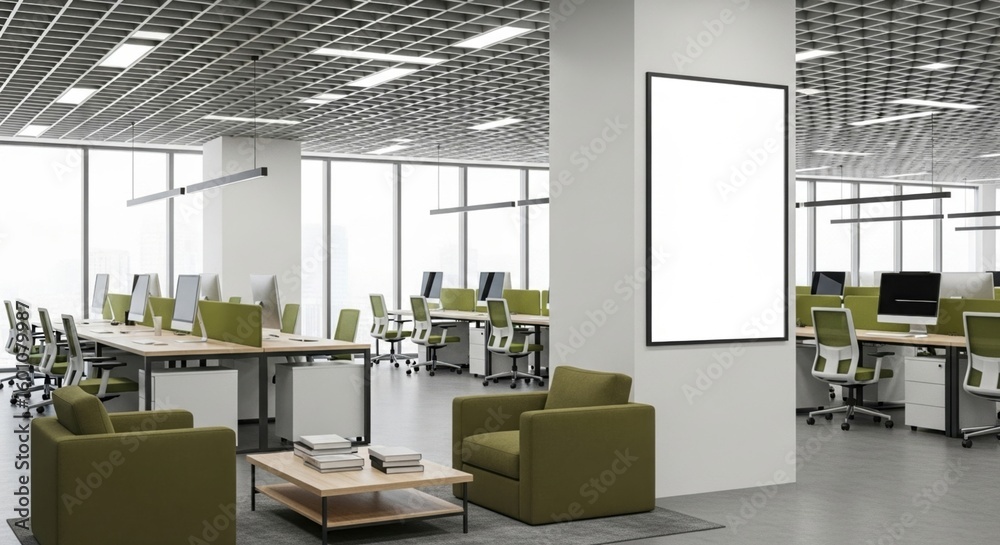 Fototapeta premium Modern open plan office with natural light and contemporary furniture