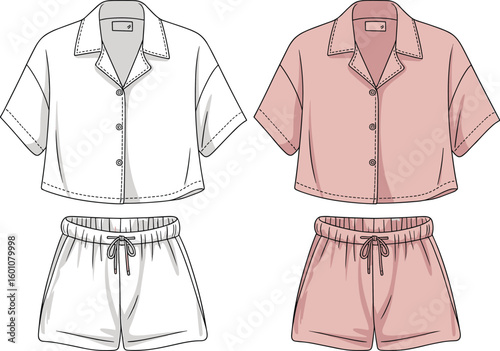 Two piece pajama set, crop top and shorts, flat sketch, front view, cad drawing, casual sleepwear, fashion vector illustration