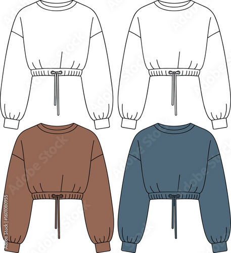 Cropped drawstring sweatshirt flat sketch, front and back view, fashion cad drawing, vector illustration, long sleeve pullover top design