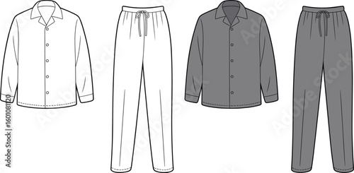 Pajama set flat sketch, front and back views, shirt with collar and drawstring pants, vector fashion CAD drawing template