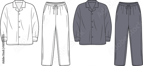 Long sleeve pajama set, front and back view, button shirt and drawstring pants, flat fashion sketch, sleepwear vector drawing