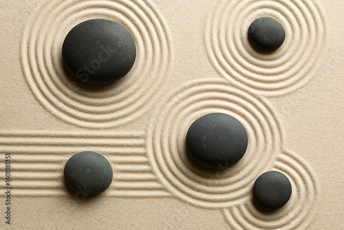 Photography Serene zen garden raked sand patterns with smooth dark stones representing balan