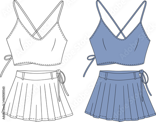 Trendy crop top and pleated mini skirt set, back strap detail, fashion flat sketch, vector illustration, summer outfit drawing