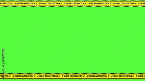 frame label tape under construction animation on green screen background. yellow tape label and black stripes concept