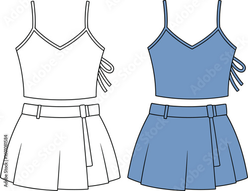 Stylish crop top and pleated mini skirt set, flat sketch, fashion vector, summer outfit design, technical clothing drawing