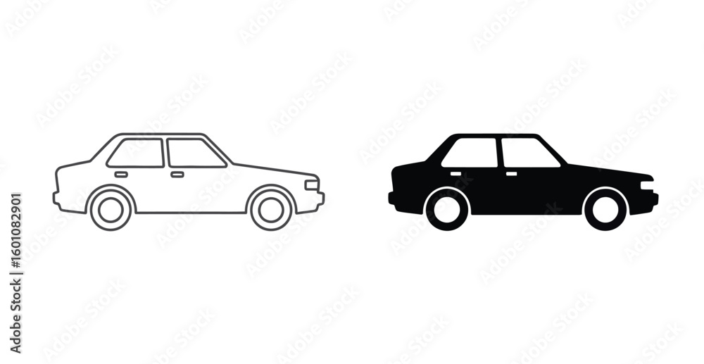 Fototapeta premium Vector art of a white outline and a solid black sedan car are displayed side by side on a white background