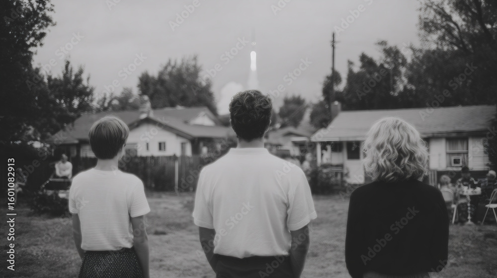 Obraz premium Three people watching distant rocket launch from suburban neighborhood Black and white nostalgic scene capturing 1960s space race excitement and community gathering