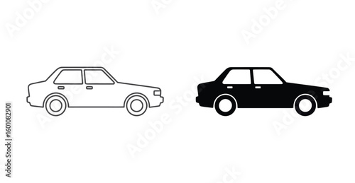 Vector art of a white outline and a solid black sedan car are displayed side by side on a white background