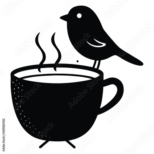 cup of coffee with bird bird, animal, vector, illustration, nature, silhouette, birds, cartoon, crow, design, wildlife, black, branch, 