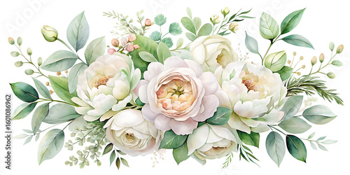 An elegant watercolor floral arrangement showcasing soft cream and blush peonies and roses with lush green foliage on a transparent
