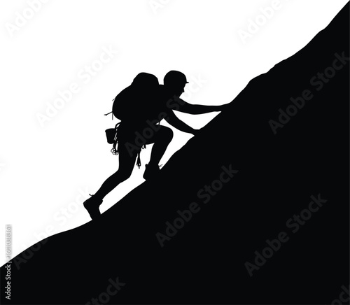 A lone hiker with a backpack climbs a steep mountain slope in a striking silhouette