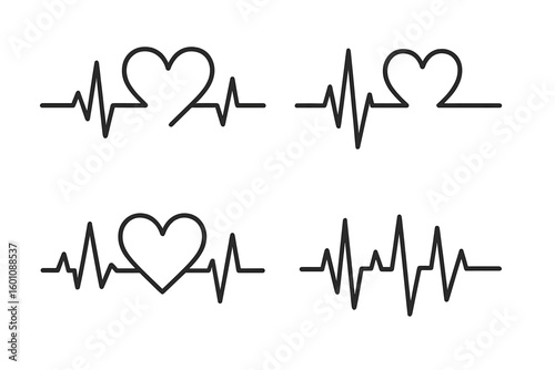 Heartbeat line vector set. EKG and ECG graph collection with heart symbol. Pulse monitor icon for cardiology and medical design. Health, life and love concept illustration.