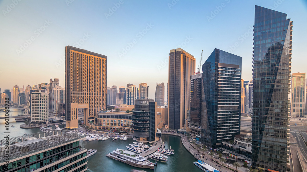 Fototapeta premium Amazing colorful dubai marina skyline during sunset timelapse