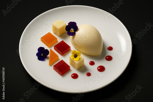 essert gastronomico geometrico con mousse e fiori edibili.