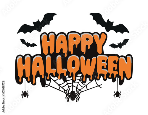 happy halloween text with dripping orange letters bats spiders and web perfect for spooky festive designs invitations and seasonal marketing