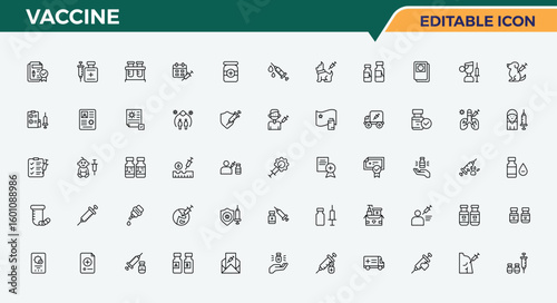 Vaccine line icon set. Trendy minimal icons. Editable vector. Pixel perfect. Drug icon set. Contain linear symbols immune, treatment, bacterial, healthcare, health and more.