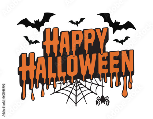 halloween greeting with bats spider web and dripping orange text perfect for spooky seasonal posters party invites and festive decorations