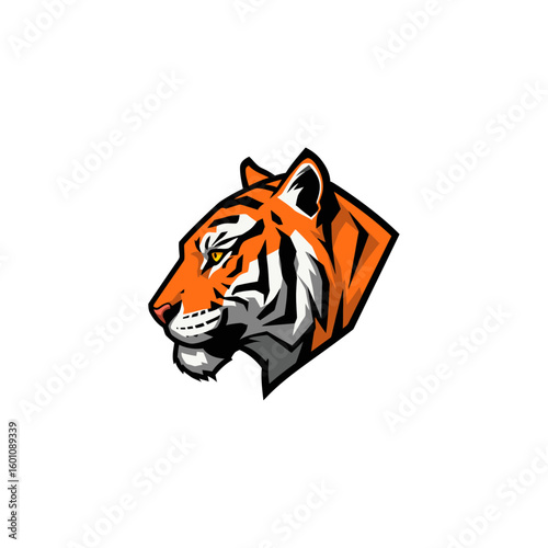 Powerful tiger head profile, stylized graphic design, orange and black stripes, fierce expression.