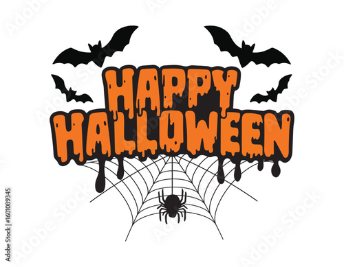 halloween greeting with bats spider and web in black and orange colors on white background perfect for festive prints and templates