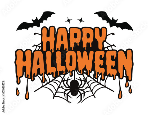 happy halloween dripping text with bats spider and web on white background spooky festive design ideal for seasonal cards and posters