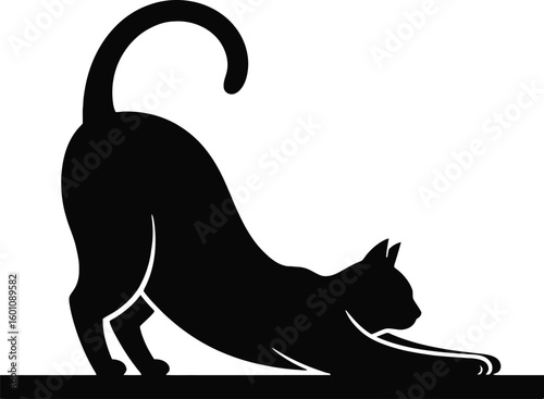 Black cat stretching elegantly on a flat surface in a striking silhouette pose