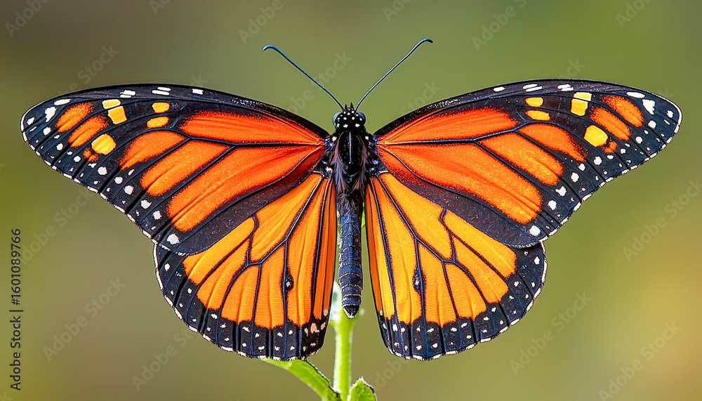 Naklejka premium Vibrant orange and black butterfly perched on a green stem with a blurred background