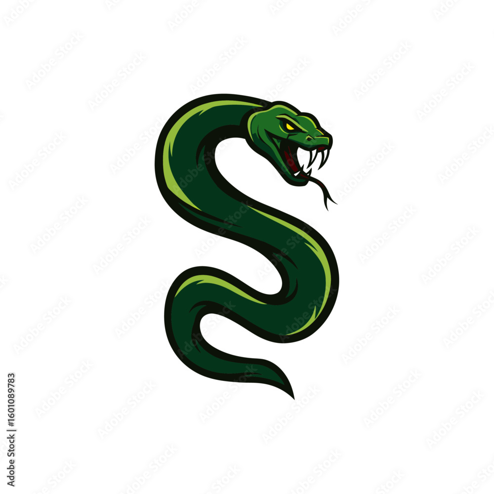 Fototapeta premium Aggressive green snake logo design, coiled, fangs bared, isolated.
