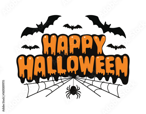 happy halloween text with bats spider and web on white background spooky festive design perfect for seasonal greeting cards and decorations