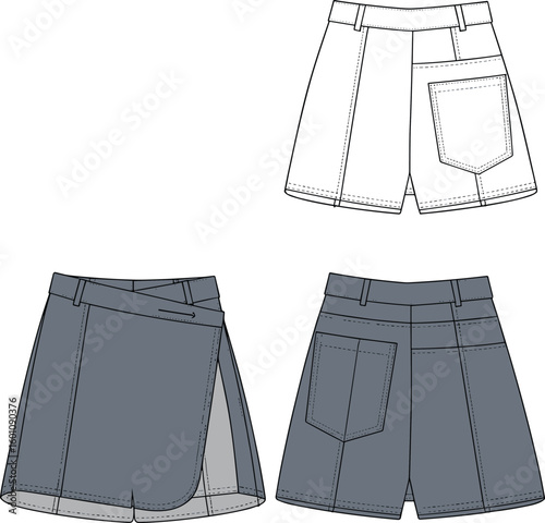 Flat vector CAD drawing of modern high waist skort with wrap front panel and back pocket, fashion technical sketch