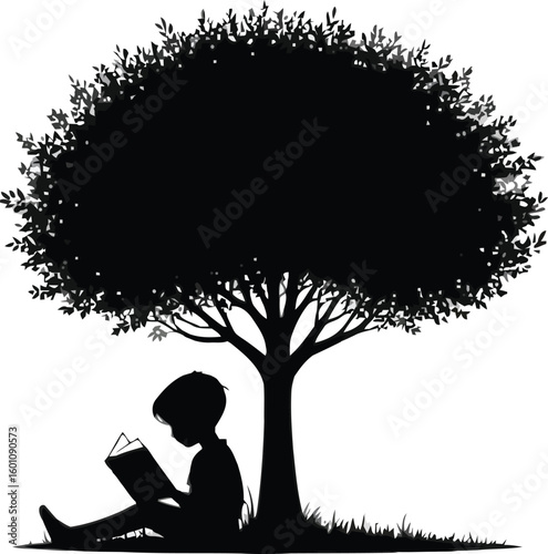 Child reading a book under a large tree in a classic black and white silhouette