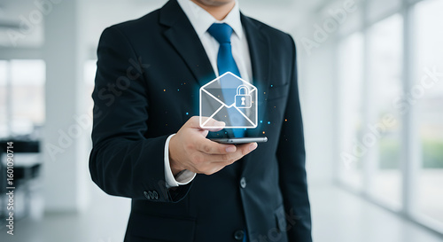 Businessman Displaying Secure Email Icon for Cybersecurity and Data Protection Concept


