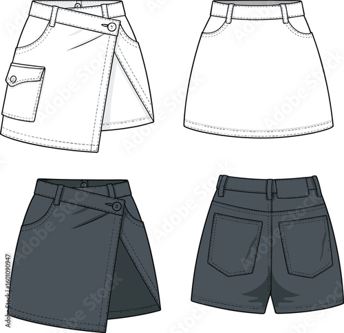Flat vector CAD drawing of front and back wrap skirt and mini shorts with pocket detail, fashion technical illustration template