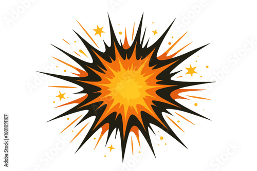 Cartoon explosion effect for comics. Dynamic bang and boom flash. Abstract vector silhouette. Impactful visual graphic. Starburst shape bomb blast. Energy fire burst.