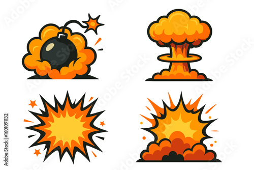 Explosion icon set. Comic bomb blast illustrations and nuclear explosion symbols. Cartoon bang and boom effect graphics. Colorful fire flash and dynamite burst vector pack.