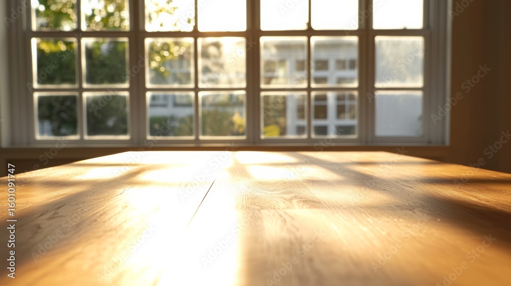 Fototapeta premium Sunlight shining through windows onto an elegant wood conference table, minimal setup,