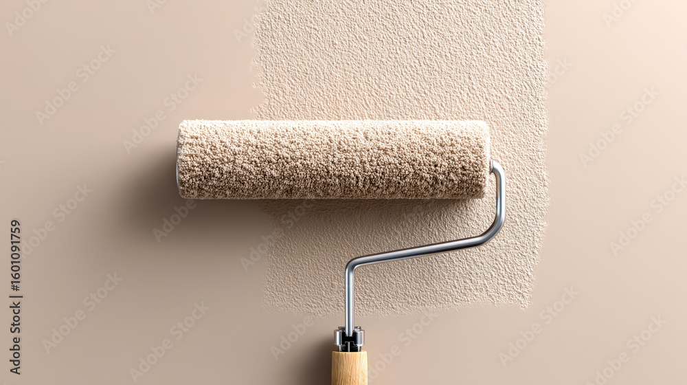 Fototapeta premium Close-up of a paint roller applying beige textured paint on a wall
