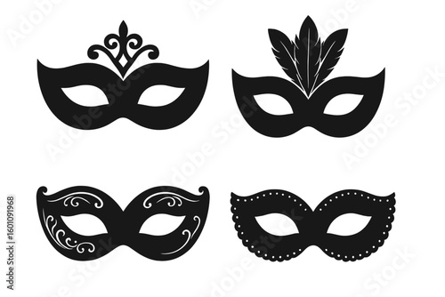 Masquerade Mask Vector Set—Elegant Black Silhouette Carnival Masks Collection for Mystery, Costume Parties, Themed Events, Disguise, Festivals, Stylish Theatrical Performance Designs