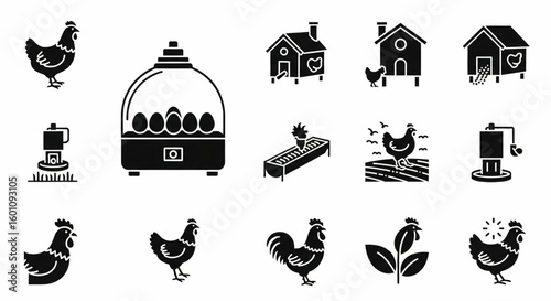 Poultry Farming Line Icon Set – Vector Chicken, Eggs, Incubator, Henhouse, Rooster, Organic Farm, Free-Range Thin Linear Illustrations