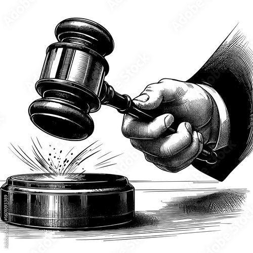 Judge’s gavel striking sound block in drawing style in black/white colors for legal themes