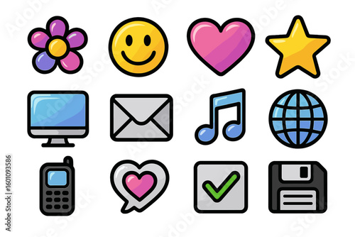 Y2K Inspired Colorful Vector Icon Set – Smiley Face, Heart, Star, Flower, Check Mark, Computer, Envelope, Globe, Mobile Phone, Floppy Disk, Music Note, Modern Digital Symbols – Transparent Background
