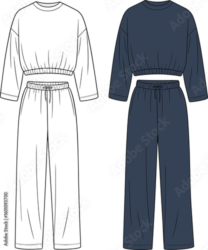 Modern loungewear set illustration, cropped sweatshirt and relaxed pants, flat fashion vector, comfortable clothing sketch, casual women outfit design