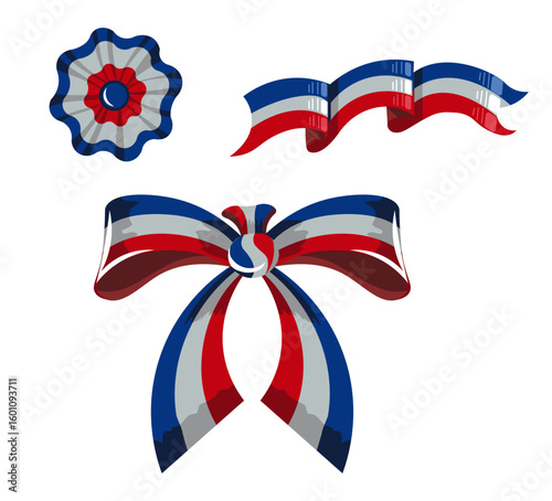 Decorative vector elements inspired by the France flag. Includes ribbon bow, escarapela (rosette), and national flag in a unique vintage design.