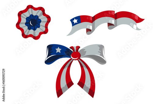 Decorative vector elements inspired by the Chile flag. Includes ribbon bow, escarapela (rosette), and national flag in a unique vintage design.