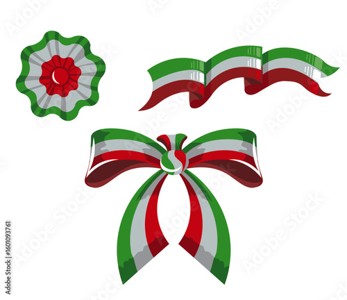 Decorative vector elements inspired by the Mexico flag and traditional 'fileteado porteño' style. Includes ribbon bow, escarapela (rosette), and national flag in a unique vintage design.