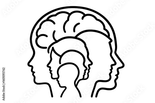 Concept of human development and the aging process. Silhouette of family generations from child to adult. Psychology, mental health, and brain growth. Inner self vector.