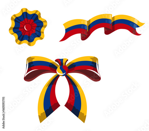 Decorative vector elements inspired by the Colombian flag. Includes ribbon bow, escarapela (rosette), and national flag in a unique vintage design.