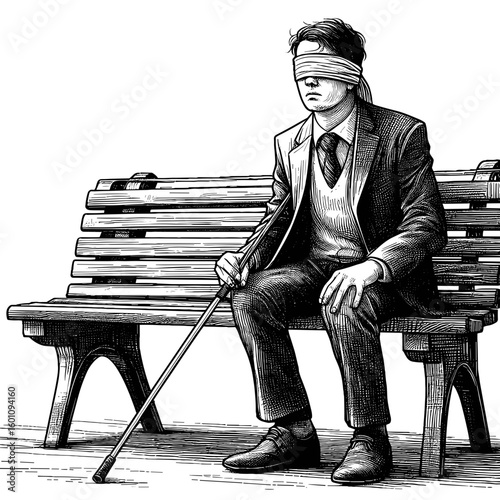 Blindfolded man sitting on bench with cane
